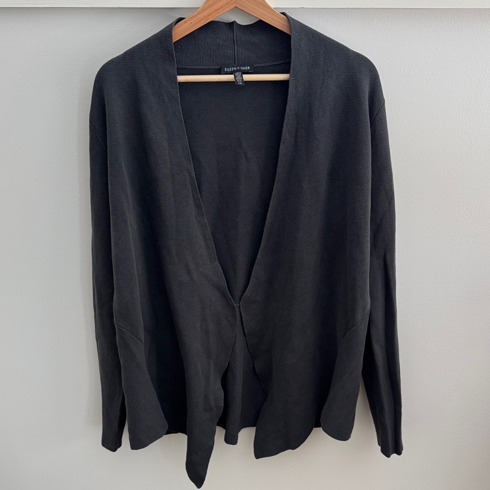 Eileen Fisher Women’s Open Front Cardigan Cotton Knit Dark Gray Charcoal Size L